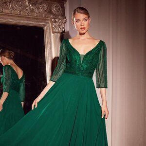 NEW FORMAL A-LINE BEADED MOB DRESS W/ 3/4 SHEER SLEEVES & V-NECKLINE CD CC446